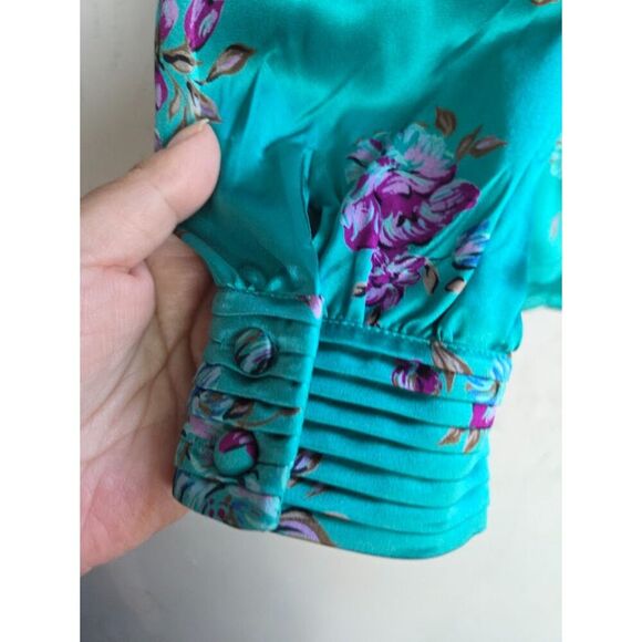 Joan Collins Women Teal Green Floral Print 100% Silk Button Down Blouse size 8/M - Picture 4 of 6